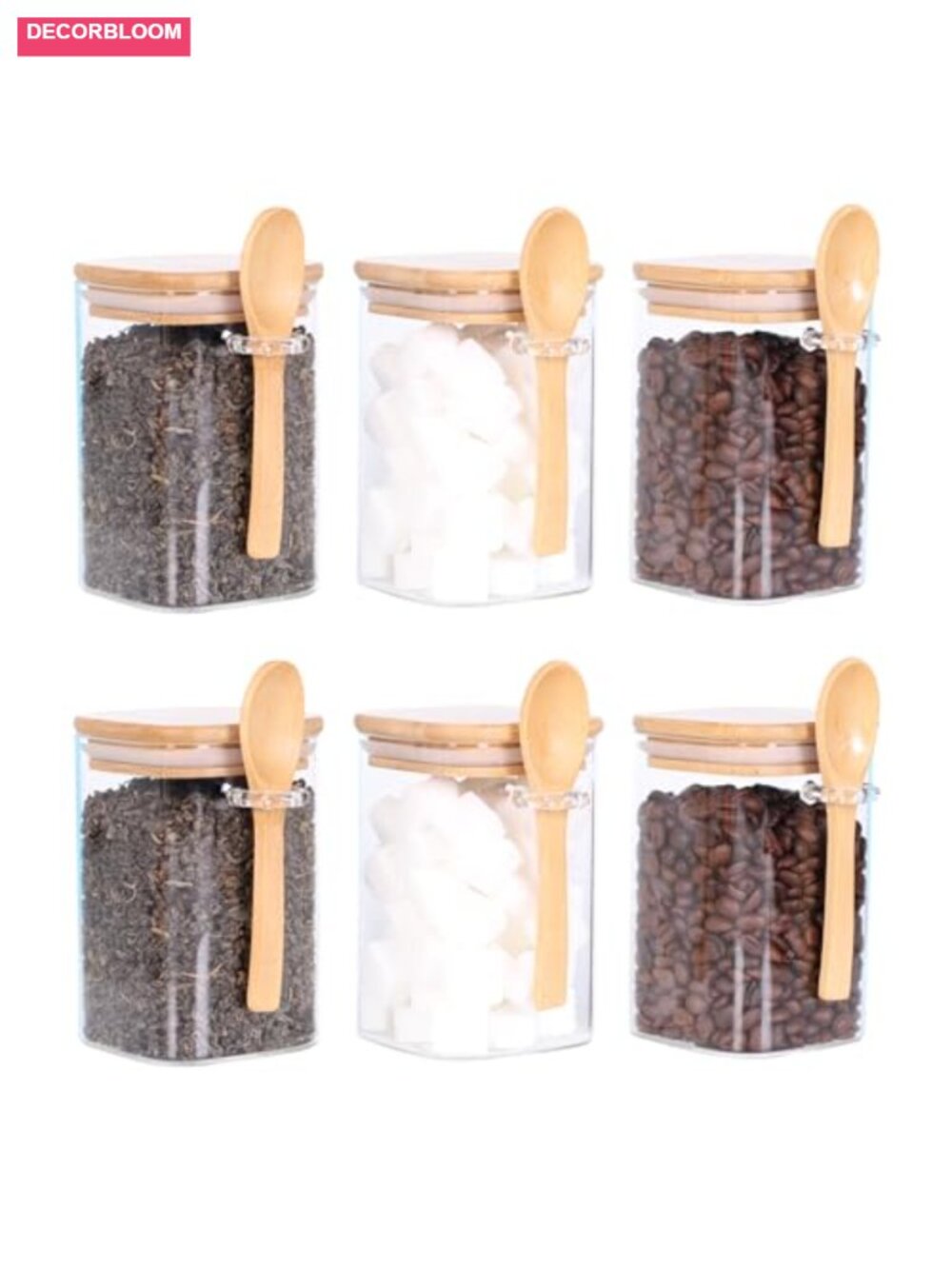 Set of 6 Glass Jars with Bamboo Lids and Spoons - 17oz Airtight Square Food